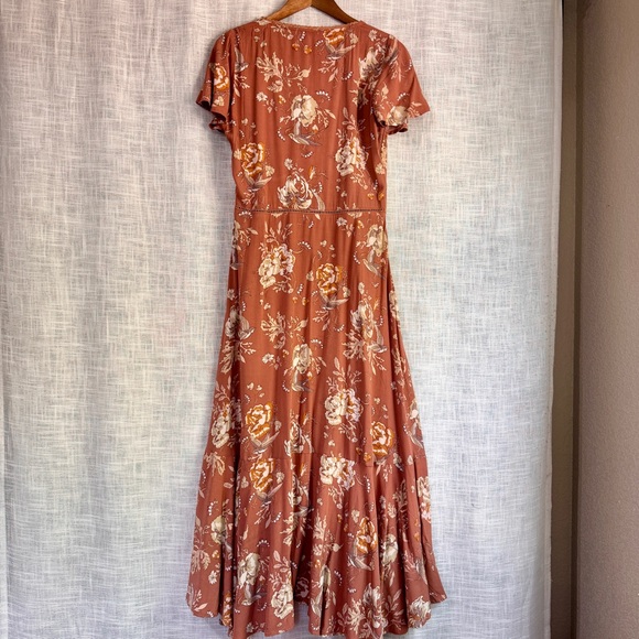 SPELL Rosa Garden Party Floral Bird Print Short Sleeve Midi Dress Camel Size L - Picture 4 of 11